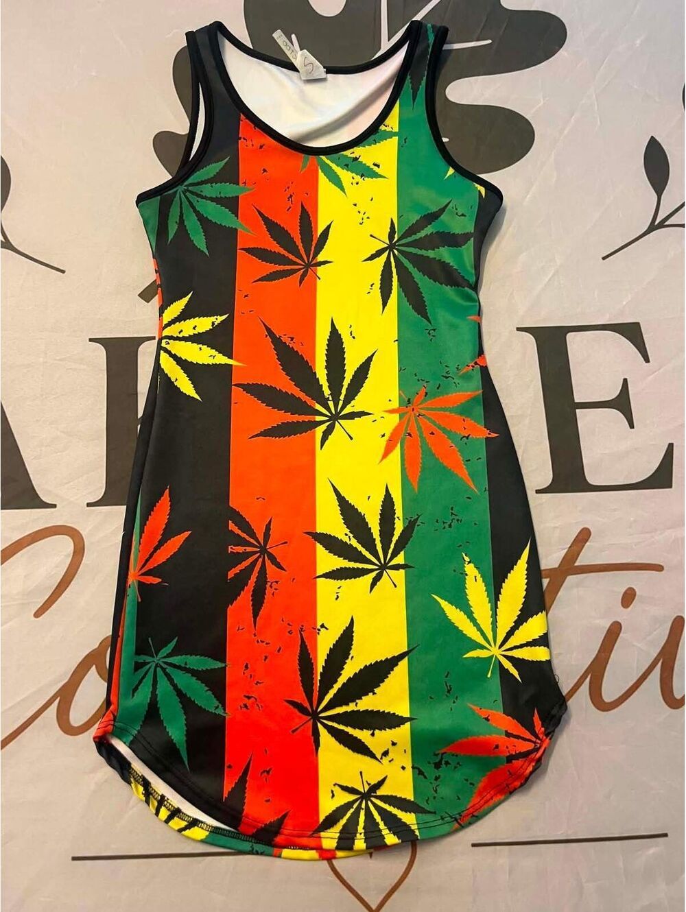 K Too Sleeveless Dress with Rasta Colors and Leaf Print